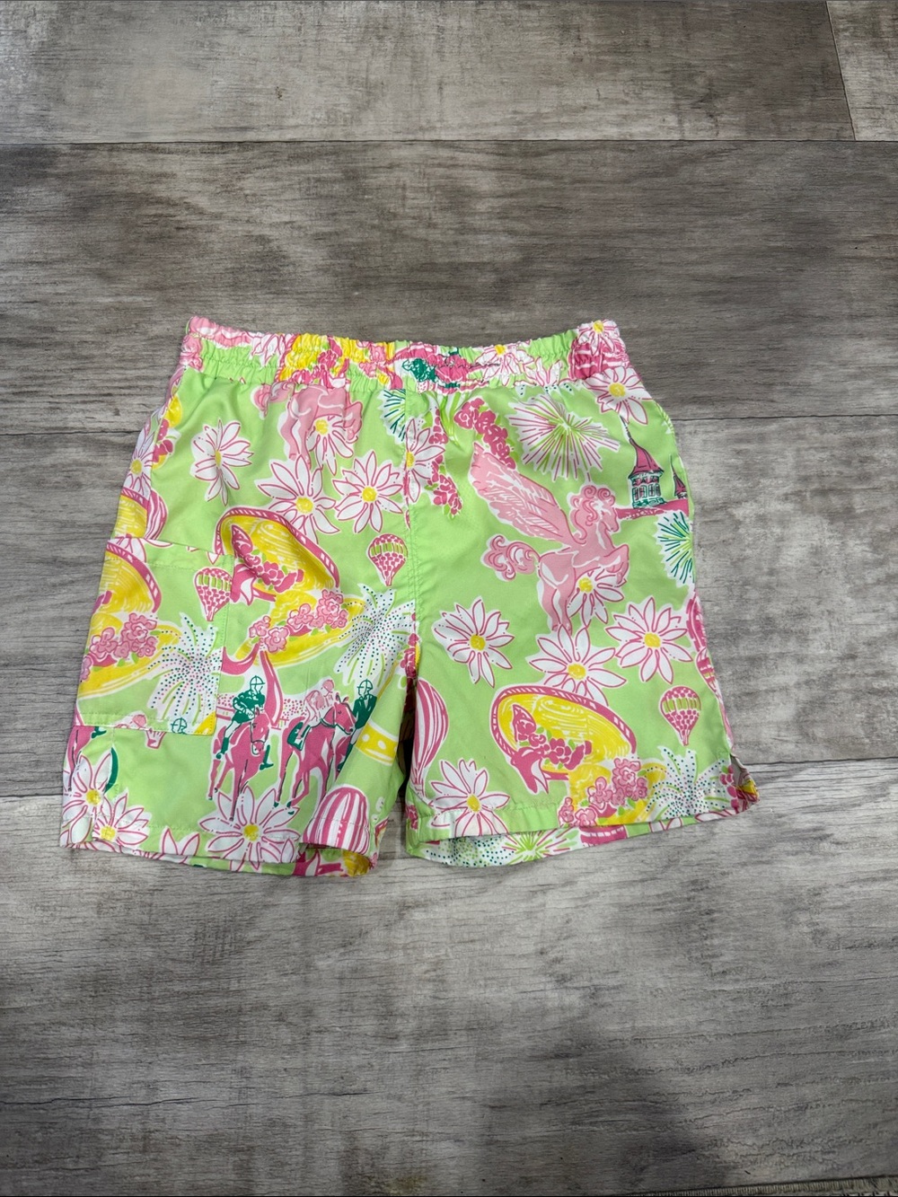 VINTAGE Lilly Pulitzer Lime Green Floral & Pink Graphic Swim Trunks